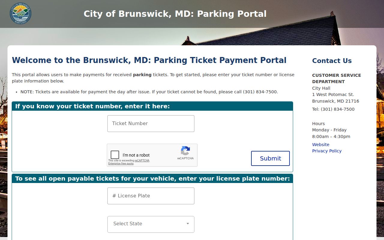Frederick County warrant records: Brunswick city-linked parking citation lookup form