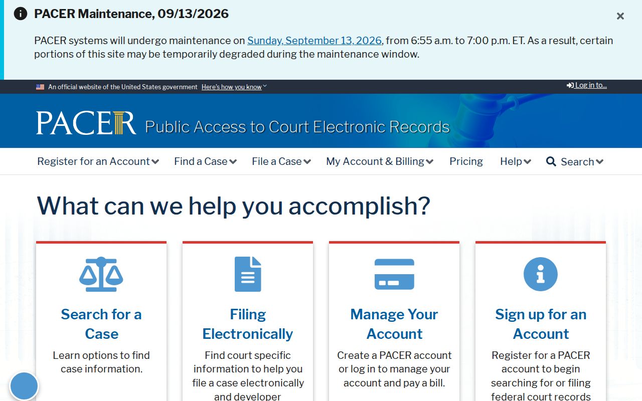 PACER federal docket search entry point for federal warrant checks outside Frederick County courts