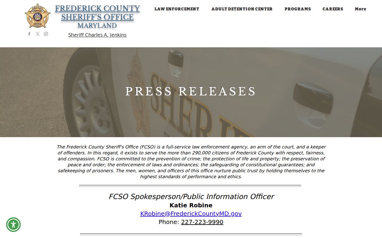 Frederick County Sheriff news index page showing dated releases instead of a public active warrant list