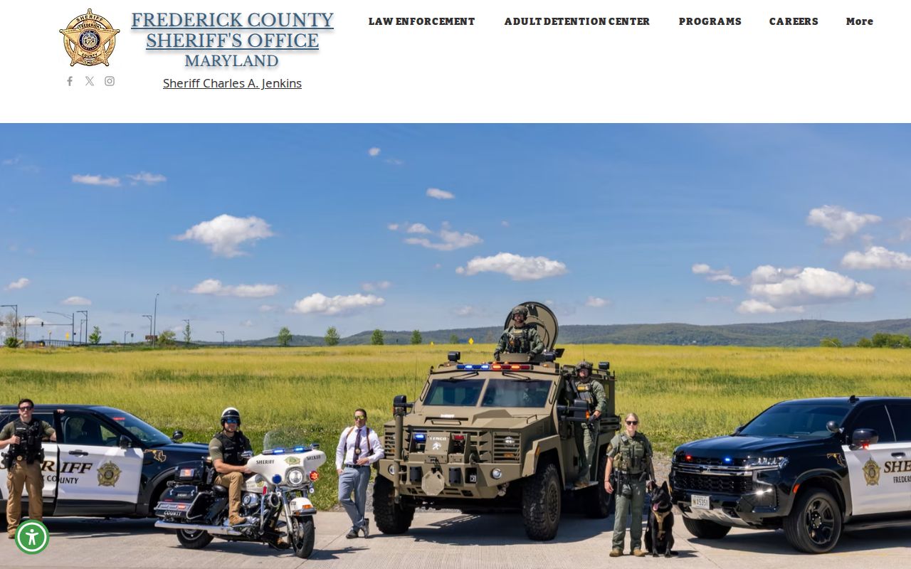 Frederick County Sheriff's Office home page showing warrant service and public records navigation