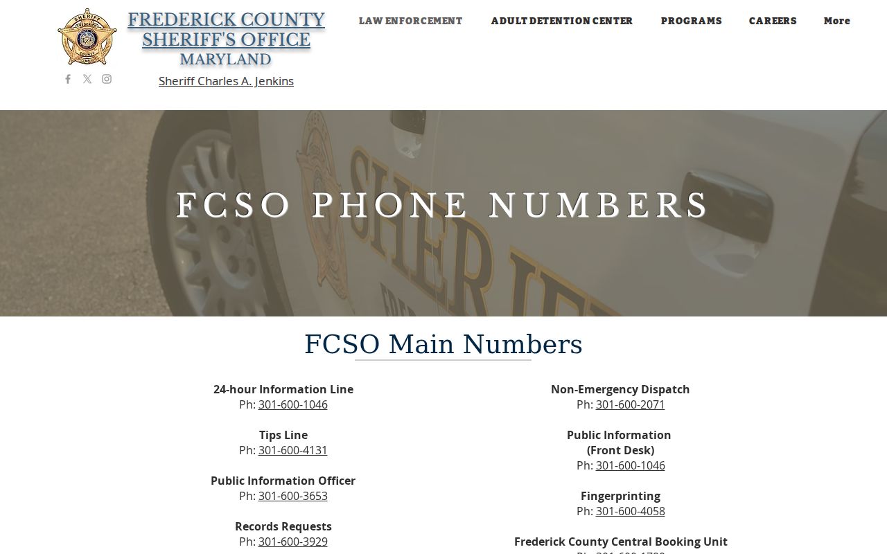 Frederick County Sheriff phone directory with warrant, records, dispatch, and tip line numbers