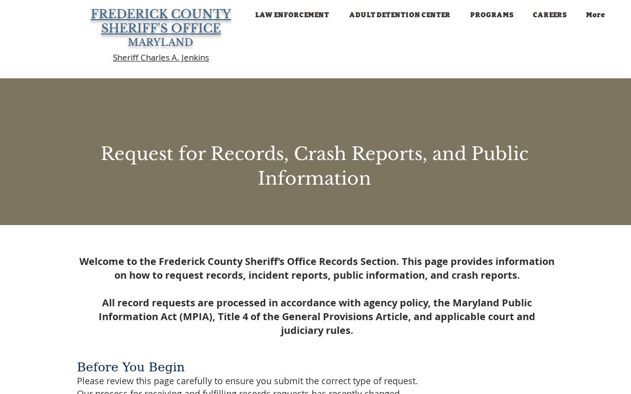 Frederick County Sheriff records request page showing warrant and incident record categories with fees