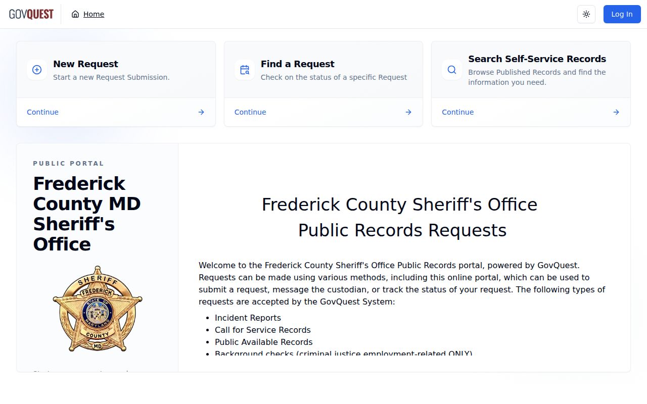Frederick County Sheriff public records portal landing page for warrant and incident record requests